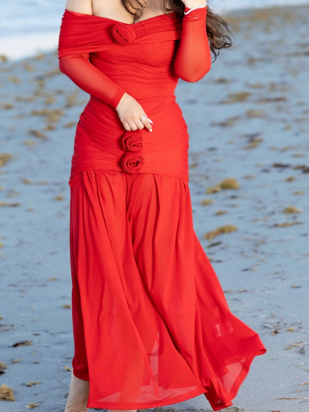 Elegant Red Off-Shoulder Draped Maxi Dress